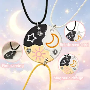 Upgraded Leather Rope Cord Version Magnetic Sun Moon Star Necklace Set for 3 – BFF Puzzle Friendship Pendant, Matching Gift for Best Friends Sisters (No Metal Chain)