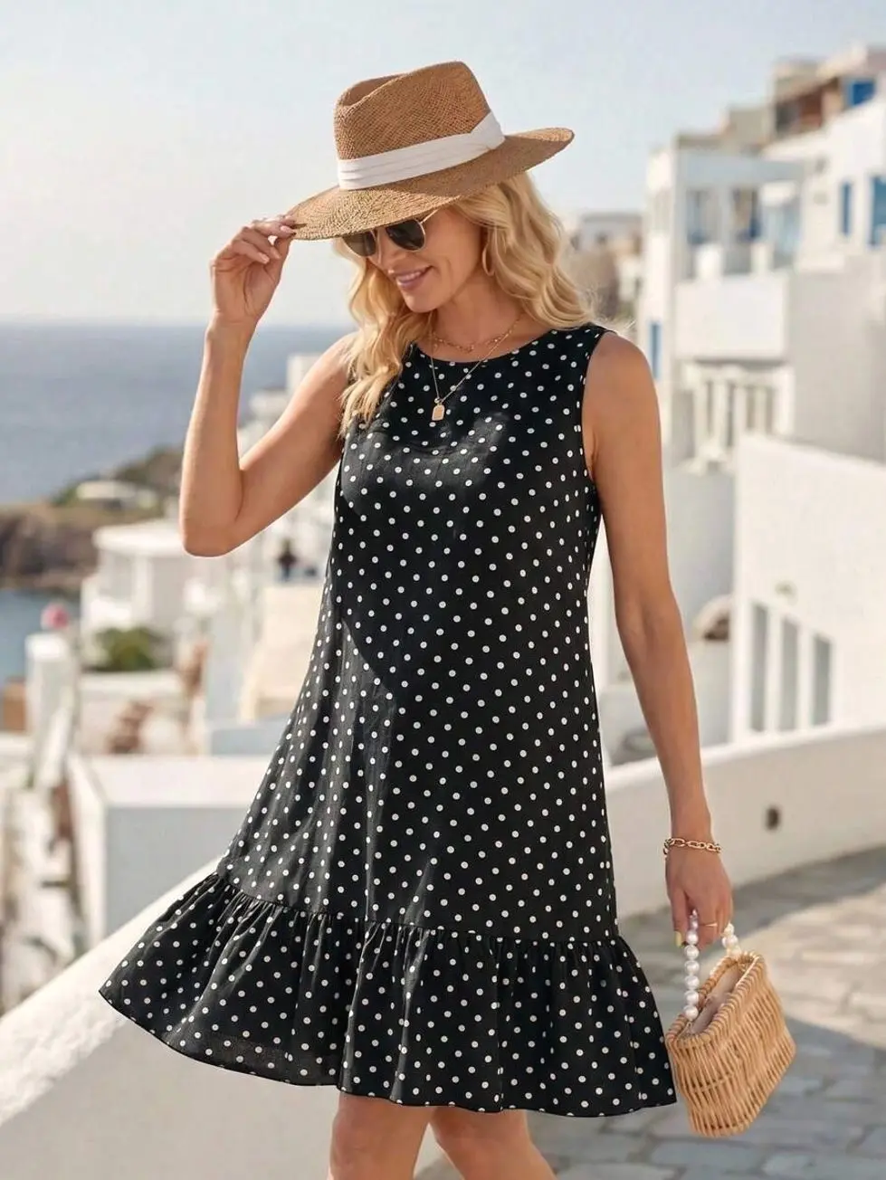 Polka Dot Ruffle Smock Dress - Casual Chic Everyday Wear