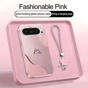 Wave Art 26 letter Phone Case, Suitable for [Google Pixel 9 Pro] high-end women's, Lanyard a beautiful four-leaf clover lanyard is included🍀 952