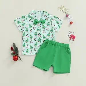 Toddler Boy Christmas Outfit Tree Duck Print Short Sleeve Bowtie Shirt Solid Elastic Waist Shorts 2 Piece Gentleman Set