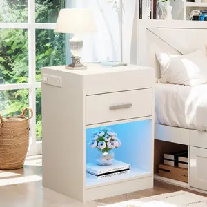 Modern Bedroom End Side Table with Lock Cabinet and Power Outlets, LED Nightstand with Charging Station, Bedside Table with Hidden Compartment for Living Room