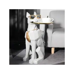 New 2024  Modern White Resin Dog Sculpture Cute End Side Table with Metal Storage Tray Tissue Box Furniture Decoration