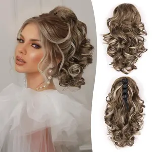 Claw Clip 12 Inch Ponytail Extension Ash Brown with Beige Blonde Highlights Curly Ponytail Extension, Wavy Pony Tails Hair Extensions, Synthetic Hair Extensions Ponytail, Clip On Ponytails for Women