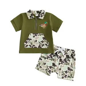 Babamoon 2Pcs Kids Baby Boy Summer Hunting Outfits Set Short Sleeve Mallard Duck Deer Embroidery T-Shirt Tops Shorts Set Toddler Boys Clothes Set 6M-4Y