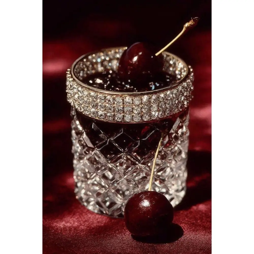 5D Full Drill Diamond Painting, Bling Rhinestone Rim Diamond Cut Crystal Glass With Dark Red Cherries Deep Red Velvet Background Luxury Cocktail Still Life Bar Wall Decor