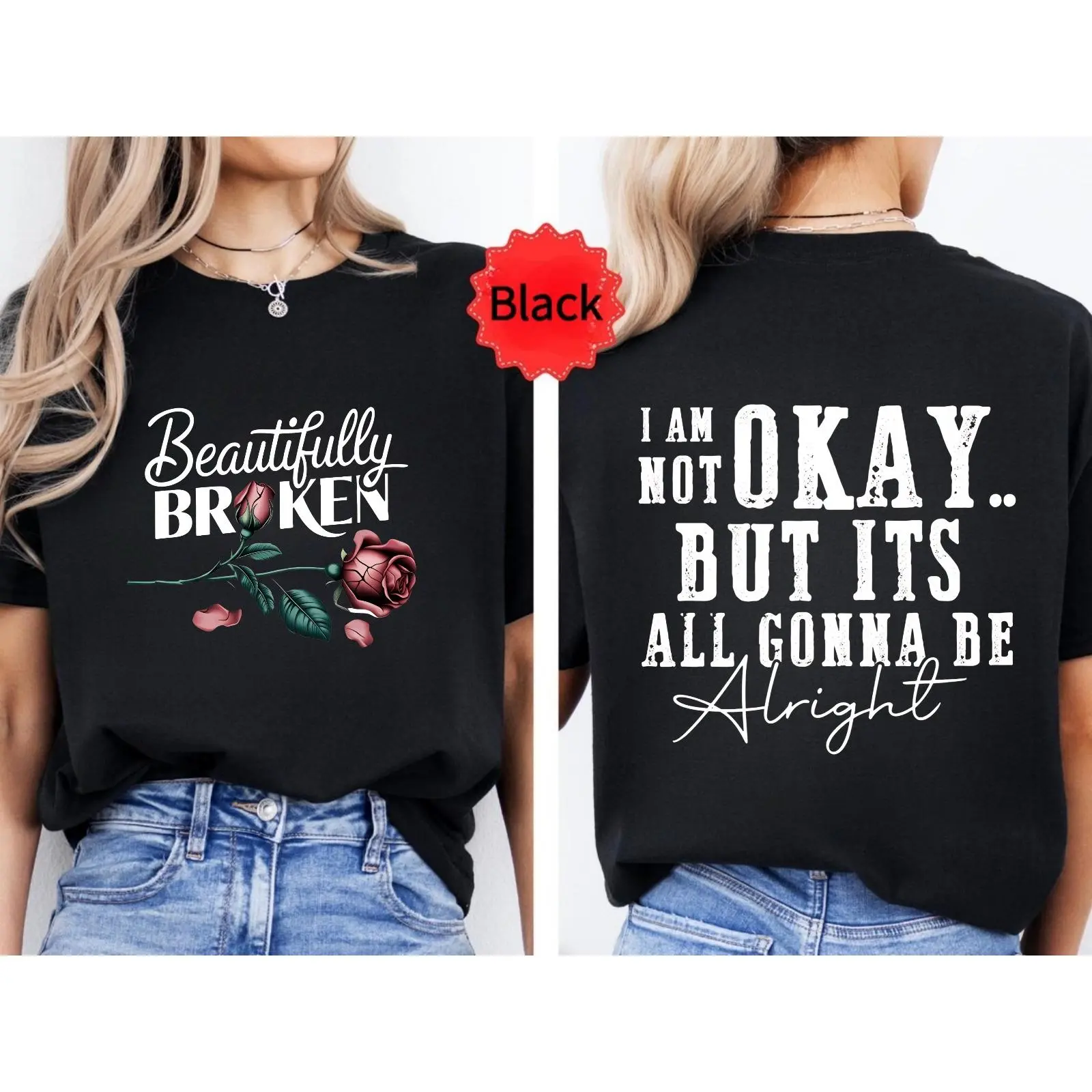 Women's 100% Cotton Casual Short-Sleeve Crew Neck T-Shirt - Double-Sided Rose & Quote Graphic, Relaxed Fit, Breathable Fabric Top, Mental Health Awareness Essential, Perfect Gift For Friends, Tshirt, Shortsleeve, Loose, Round Neck, Quote Back Graphic, Sof