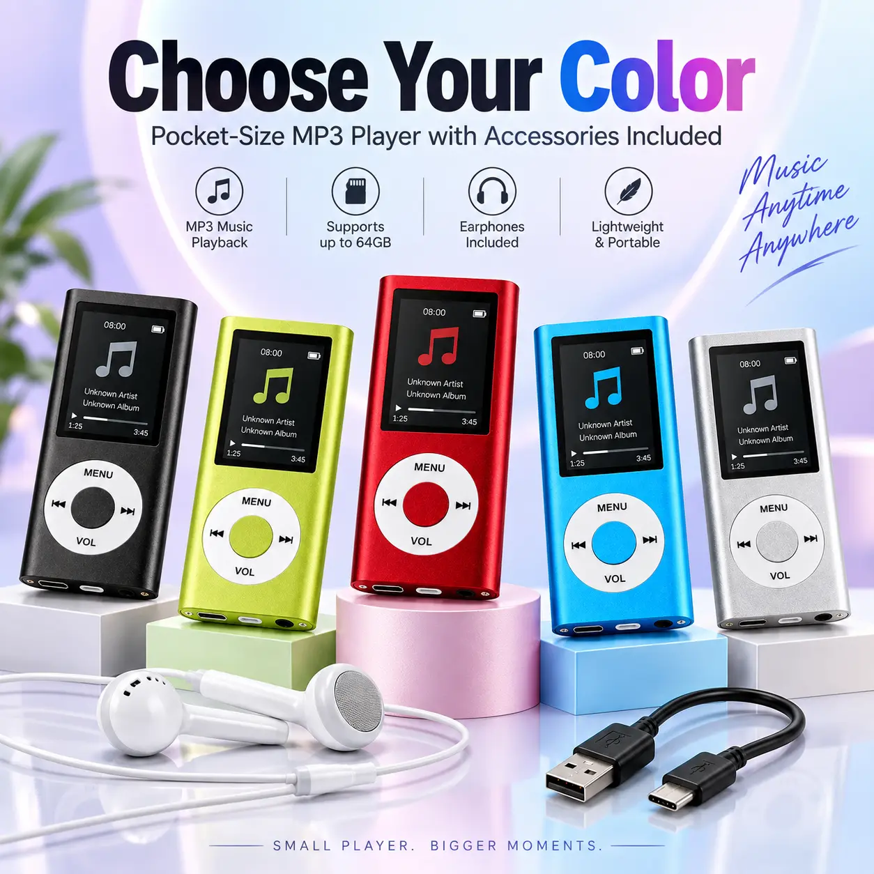 Portable Car Audio MP3 Player with Programmable LED Screen, Wired Earphones, 64GB TF Card Support, Button Control, Compact Pocket-Size Design, Travel/Workout Music Playback (2 Included Accessories)