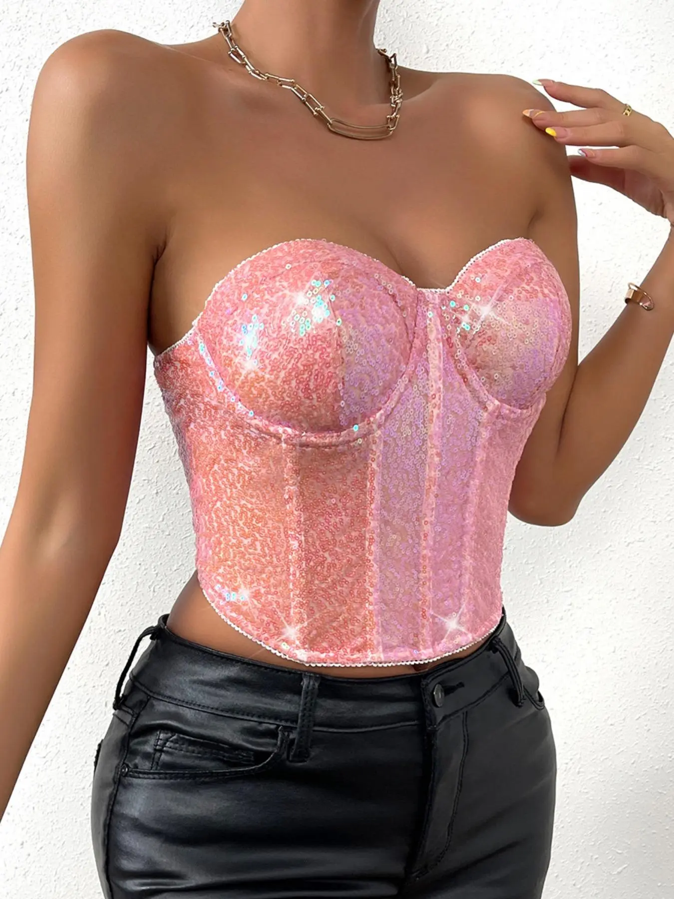 Women's Glitter Sequin Zipper Back Tube Top, Fashionable Sleeveless Strapless Top for Party Club Dating Wear, Women's Top for Summer