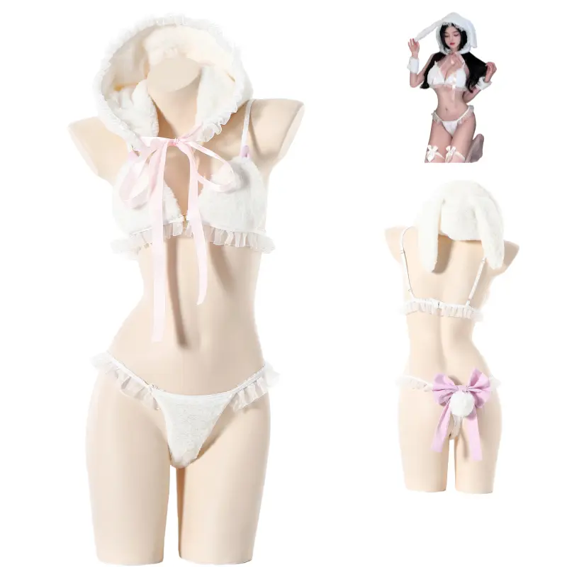 Pink Hot Bunny Costume Kawaii Cosplay Lingerie Fluffy White Mini Bikini Bra panty