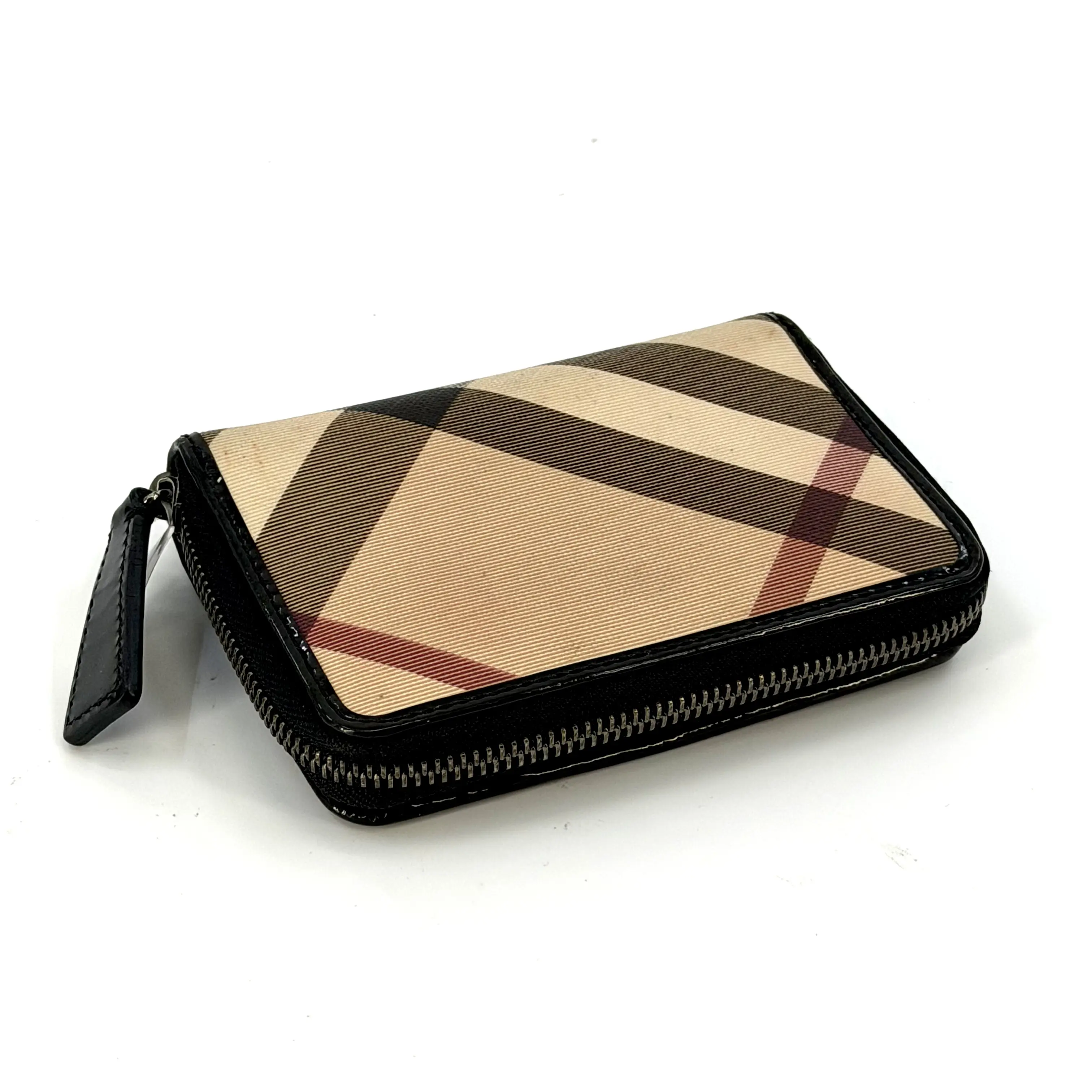 Pre-owned BURBERRY leather wallet Vintage Nova Check Zip Coin Purse Card Holder, Patent Trim B00268