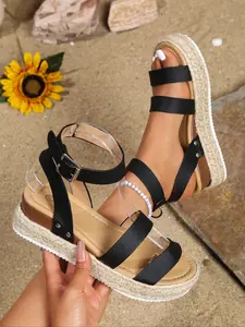 Women's Fashionable Plain Color Espadrilles, Casual Comfortable Non-slip Wedge Sandals for Summer, Female All-match Round Toe Sandals for Daily Wear, Walking Shoes, Espadrilles Wedges Sandals