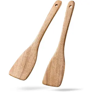 2 Wooden Cooking Spatulas, 13inch Coated Acacia Wood Frying Pan Spatula, Non-Scratch Wooden Flat Spatula Suitable for Frying Pans and Woks, Wooden Cooking Utensils Suitable for Non-Stick Cookware, Long Handle Scraper