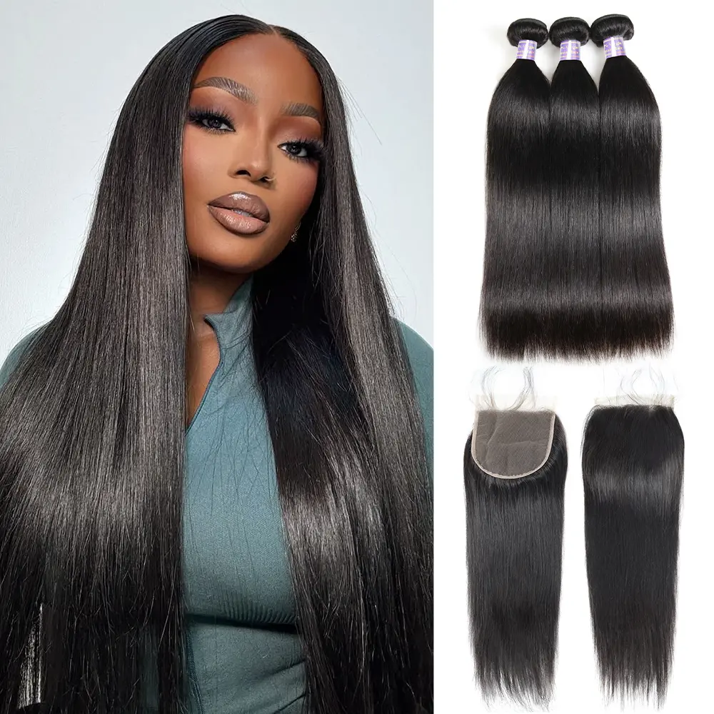 2x6 Straight Bundles With Closure 4x4 Inch Lace Closure With Bundles 100% Human Hair Bundles With Closure