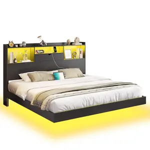 King Floating Bed Frame with LED Lights and Headboard Storage Black