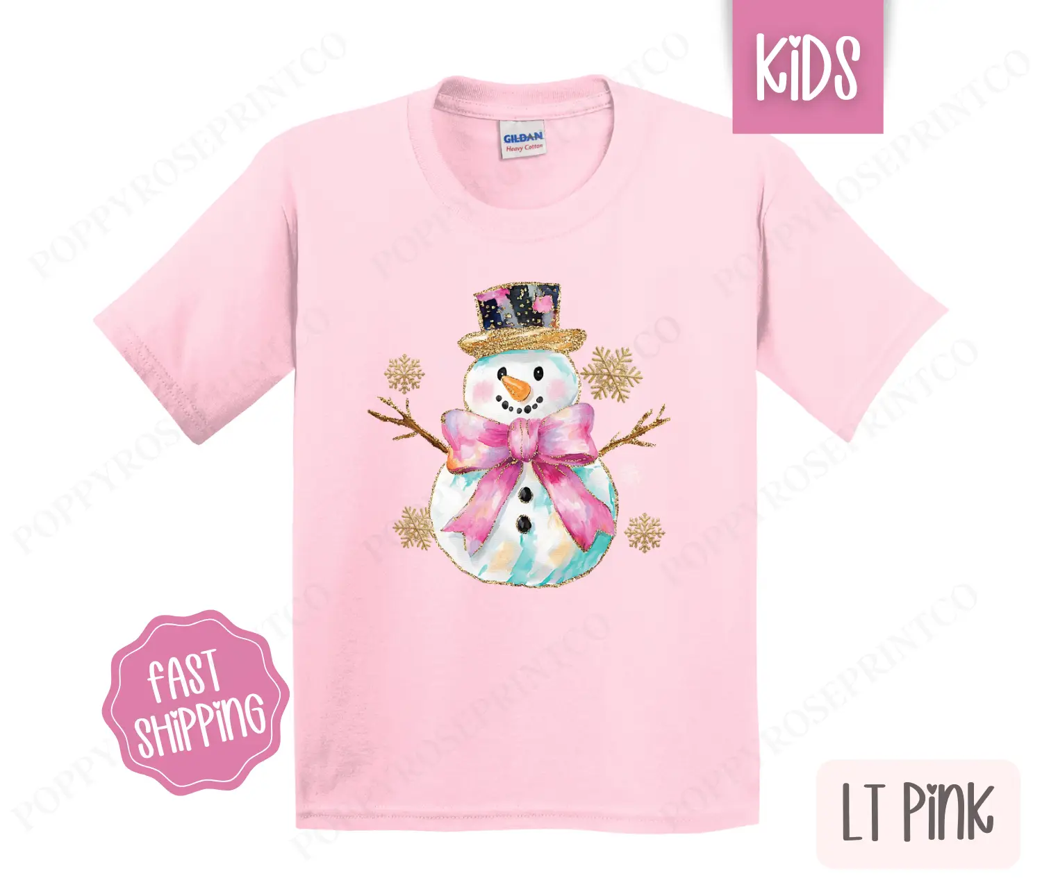Kids Christmas Shirt - Pink Coquette Snowman Children's Tshirt - Youth Holiday Tee Gildan