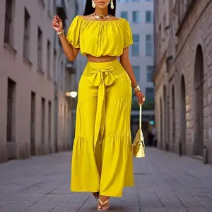 Women's Solid Color Top & Wide Leg Pants Set, Casual Off Shoulder Top & Palazzo Pants for Summer, 2 Piece Sets Women, Ladies Clothes for Beach Holiday Vacation