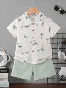 Boys Summer New Set, Lightweight Breathable Button-Up Shirt Short Sleeve, Palm Tree Print Beach Vacation Casual Style, 2 Piece Kids