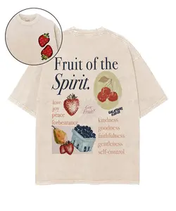 Fruit Of The Spirit Double Sided Unisex Washed Christian T-shirt Men's Vintage Acid Wash Graphic Tee, Oversized Heavyweight Cotton, Christian Faith, Retro Streetwear, Drop Shoulder.