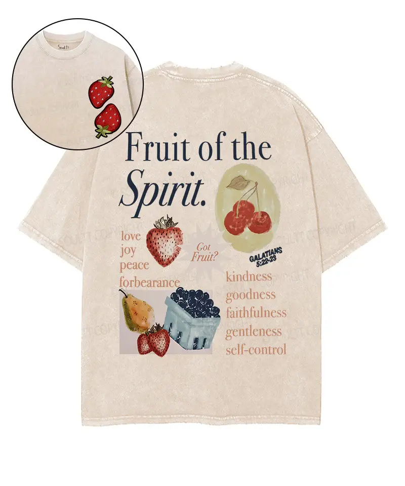 Fruit Of The Spirit Double Sided Unisex Washed Christian T-shirt Men's Vintage Acid Wash Graphic Tee, Oversized Heavyweight Cotton, Christian Faith, Retro Streetwear, Drop Shoulder.