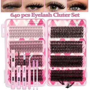 Lush Fluffy Eyelash Cluster Set, Mixed Lengths D Curl, Synthetic Fiber, DIY Extension Kit with Glue & Tweezers, Ideal for Beginners, DIY Eyelash Extensions, Fluffy Eyelashes Cluster