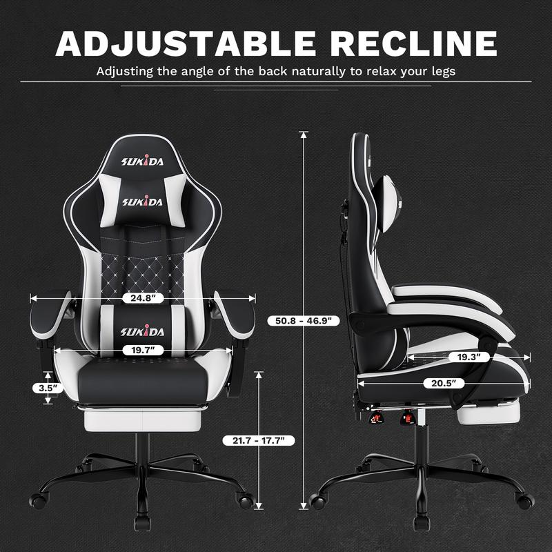 SUIKDA Ergonomic Gaming Chair with 360° Swivel and Footrest PU Leather Office Chair Features Memory Foam Headrest and Lumbar Support to Relieve Back Pain