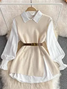 1 Piece Women's Solid Color Sleeveless Knitwear Casual Short Skirt, Excluding Belt and Shirt.