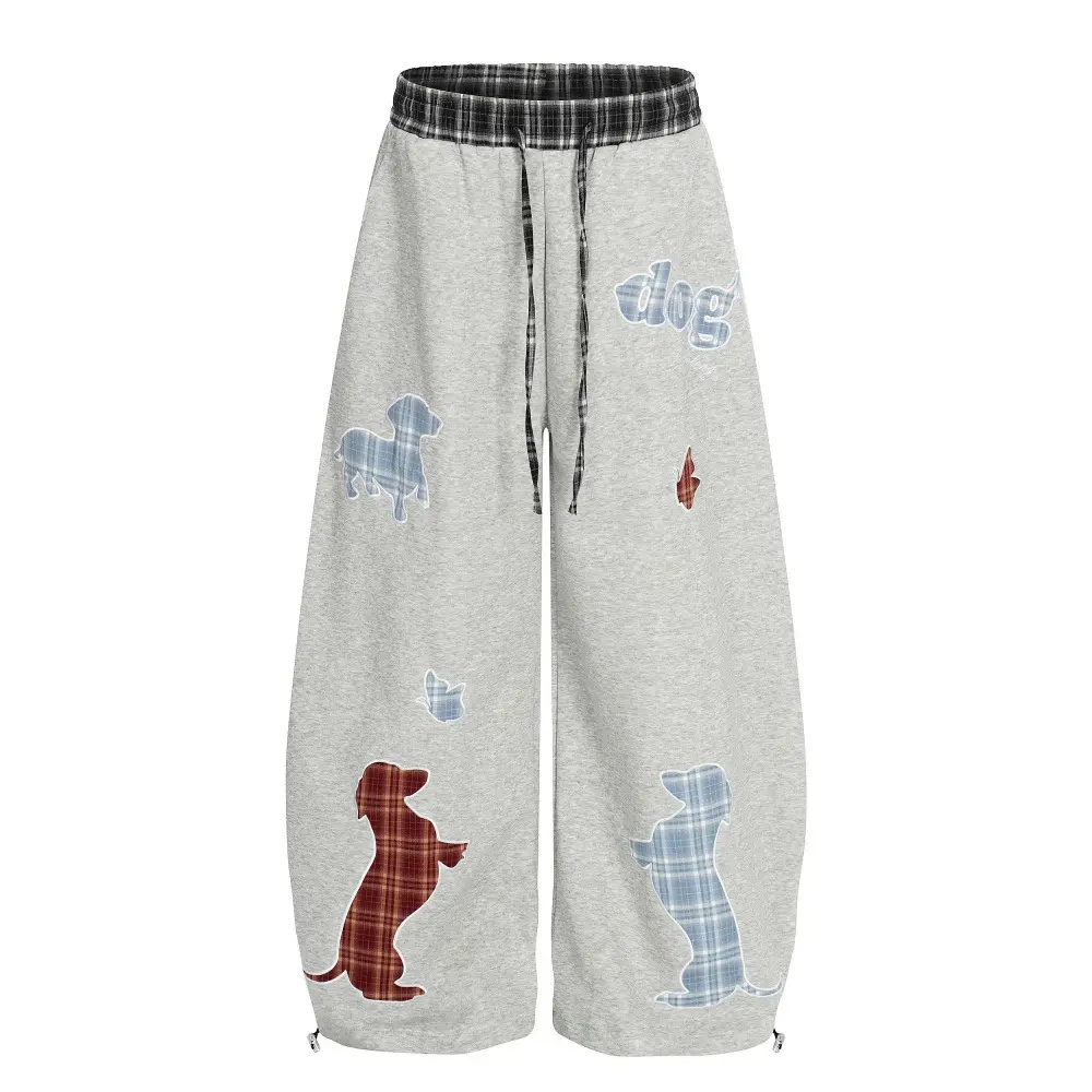 Inflation Men's Soft Baggy Plaid Patchwork Cotton Sweatpants - Wide-Leg, Double Waist, Pockets, Cartoon Street Culture Graphic Trouser for Casual Streetwear, Casual Fashion Loose, Baggy Sweatpants, Cartoon Street Culture Graphic Men's Pants, Fitted, Stree