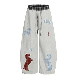 Inflation Unisex Baggy Double Waist Plaid Patchwork Cotton SweatPants Baggy Streetwear Wide Leg Long Pants with Pockets Fitted Casual Bottoms