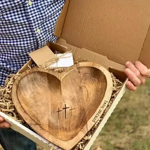 Heart Prayer Bowl with 24 Cards for Thanksgiving Day Wooden Heart Shaped Decor with Cross Christian Religious Retirement Christmas Gifts