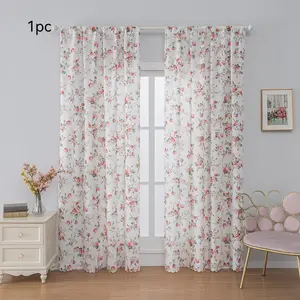 1pcs Floral Pattern Printed Curtain, 100% Polyester, High-Definition Digital Printing, Drawstring Rod Design, Suitable for Bedroom, Living Room, Room, Kitchen, Café, Home Decoration and Kitchen