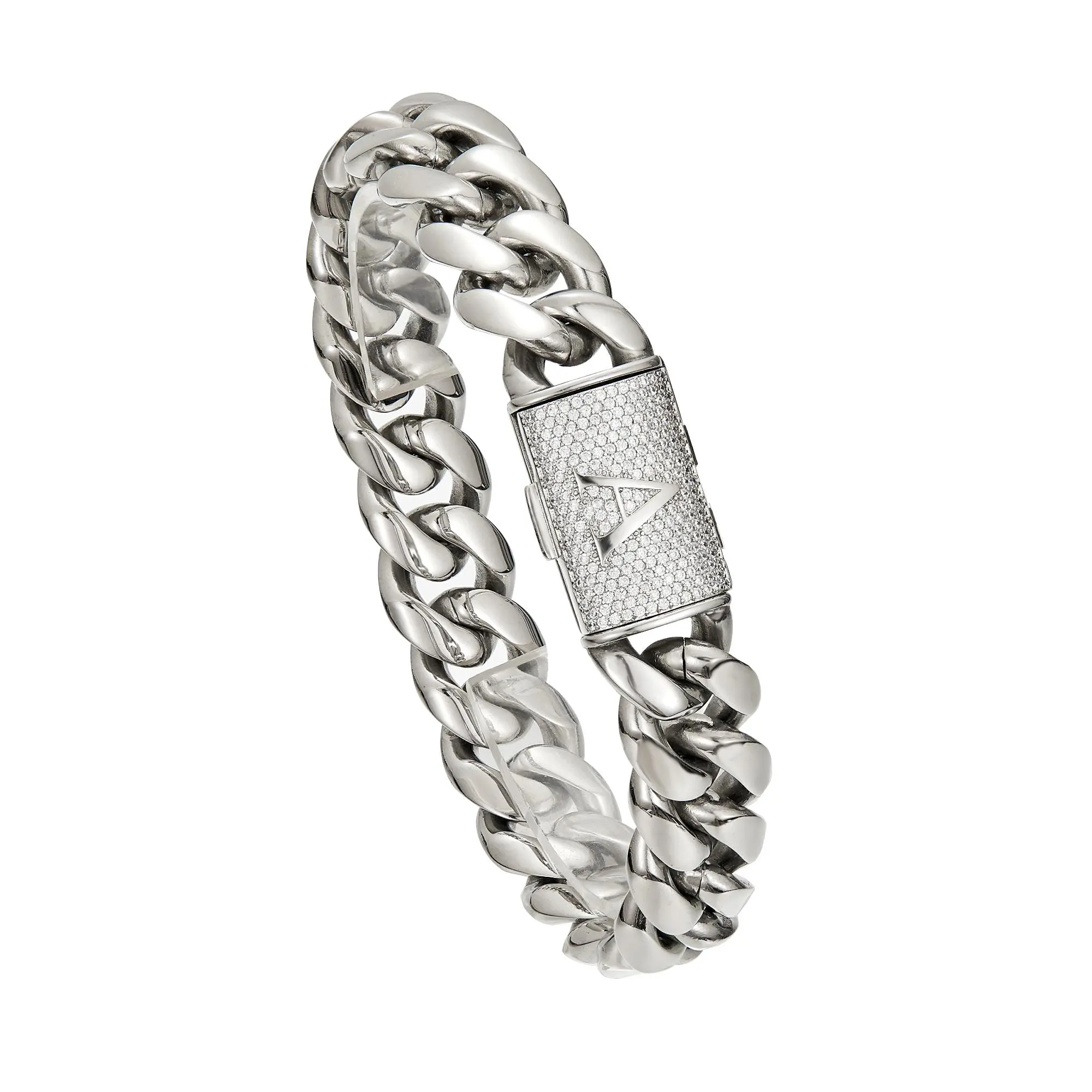 14mm Miami Cuban Link Chain - Silver Costume Jewelry Necklace or Bracelet with Iced Out Paved CZ Initial Letter Clasp, Tarnish Proof, S, G, Bright Silver, Lobster Lock, Sweat Proof, Someone Deserves The Spotlight, Casual Wear, Chain & Link, Cubic Zirconia