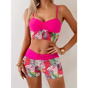 2026 New Leopard Print Floral Tankini Set Twist Front Cutout Ruffled Hem Swimwear
