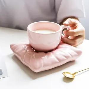 1pc Creative Macaron Color Pillow Coffee Cup Cute Ceramic Mugs With Pillow Coaster Office Home Decor Afternoon Tea Ice Cream Cup