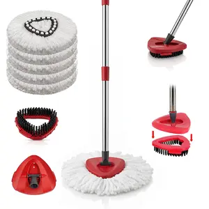 [Spin Mop Set] 5 Microfiber Mop Heads & 51" Adjustable Handle | Spin Mop and 180° Floor Scrub Brush - Stainless Steel, Mop Soap（No bucket）