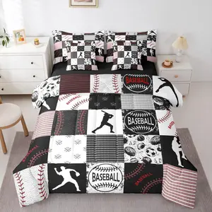 7 Pcs Baseball Comforter Bed Set,Boys Baseball Bed Bag with Flat Sheet and Fitted Kids and Adultssports Patchwork Plaid Bedding Set with Pillowcases  Bed Set