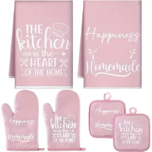 Pink 6pc Kitchen Decor Set - Includes Towels Mitts and Potholders with Inspirational Quotes and Designs