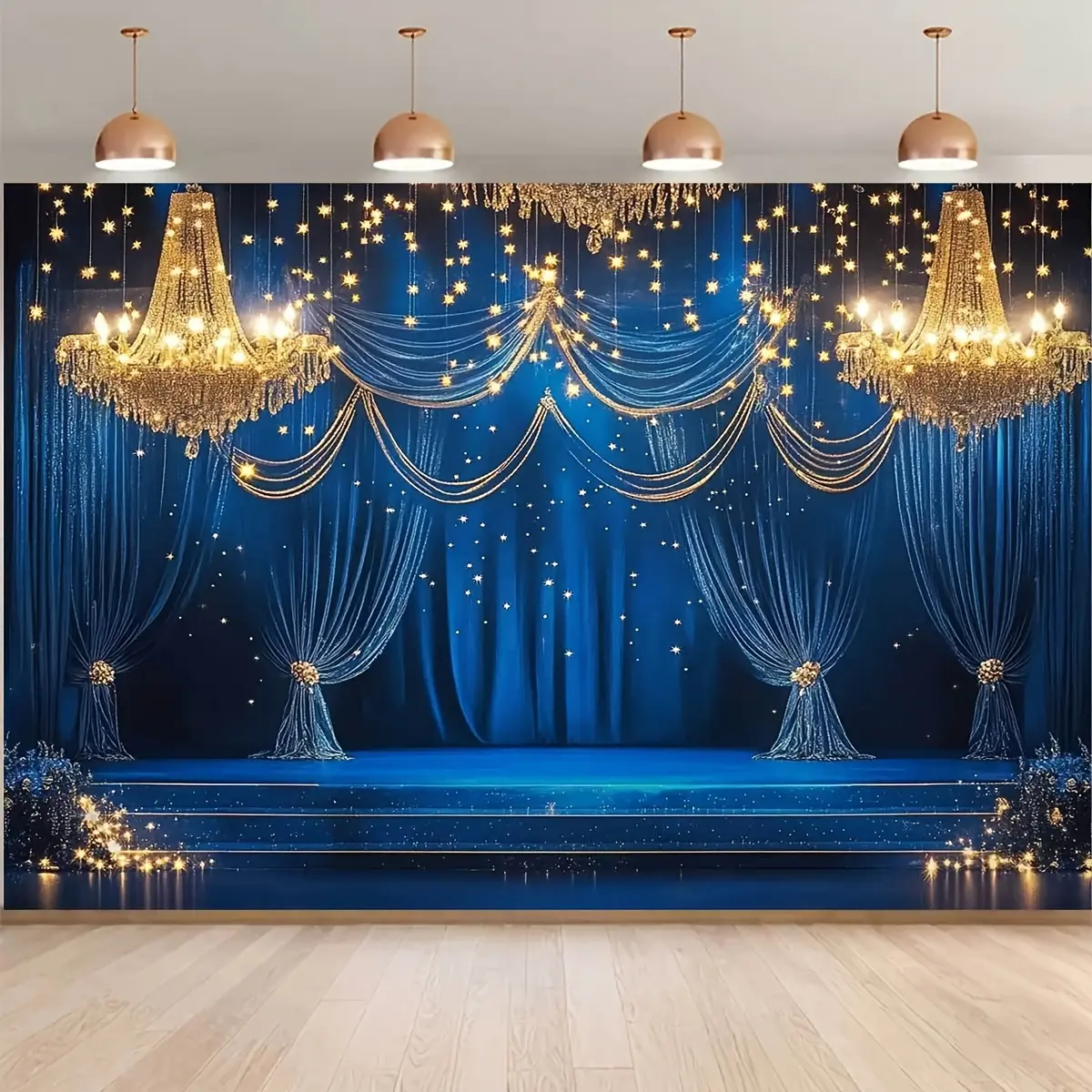 Blue Gold Stage Backdrop Luxury Glam Theme Tapestry Wall Hanging Photography Background for Wedding Reception Prom Party Corporate Event Photo Booth Decor