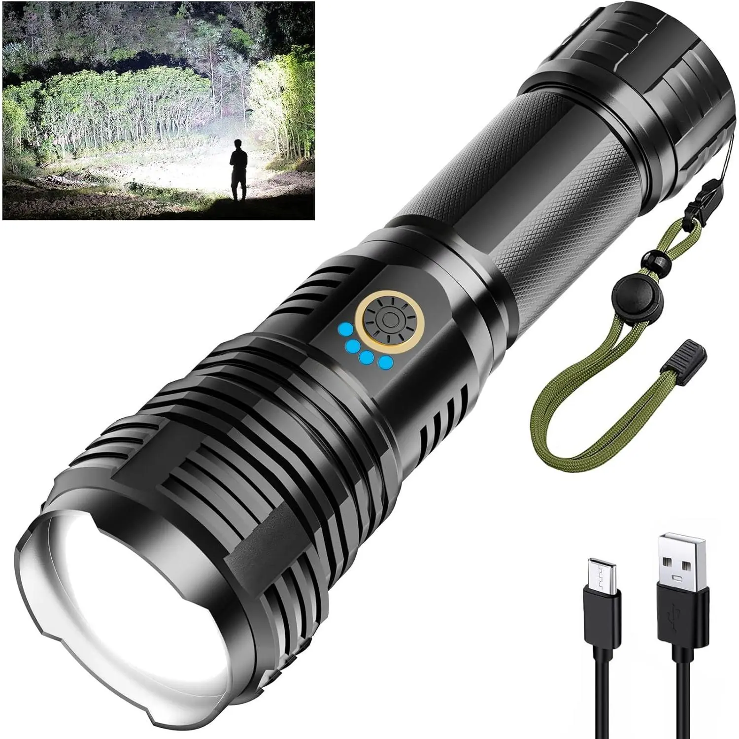 Tactical Flashlight, 30W High-Intensity Rechargeable LED Torch with Zoomable Beam, IP67 Rated Aluminum Alloy Body, 5 Multi-Modes & LCD Display for Camping and Search and Rescue, Led Lights, Usb-C, Tactical Grip