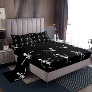 Feelyou Sugar Skull Bedding Sheet Set - Gothic Look Deep Pocket Fit Fitted Sheet, Multi-Size Reactive Dye Spooky Halloween Horror Decor for Adults, Set Includes Gothic Aesthetic Skeleton Pattern Linens, Goth Fitted Sheets, Skeleton Fitted Sheets