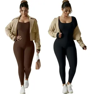 Women's Yoga Ribbed Jumpsuits Long Sleeve Rompers Gym Workout Jumpsuits Soft Nylon Solid Color Sports Knit Fabric Spring Summer Fall