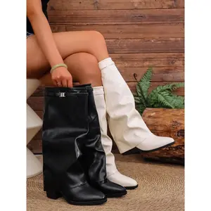 Women’s leather fold-over shark classic buckle high-top boots, fashionable design for trendy women, durable comfortable shoes