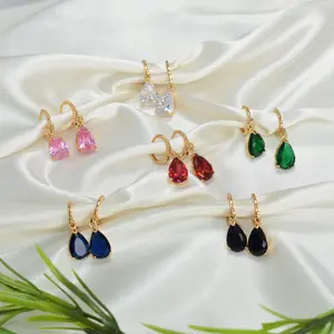 Multi Color Birthstone Dangle Drop Huggies Gold Plated Sparkling Earrings 14K Hypoallergenic Waterproof Perfect Anniversary Gift