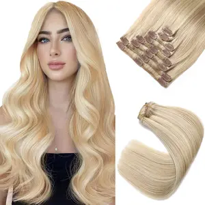 Clip in Hair Extensions Real Human Hair, 18 inch 120g Balayage Invisible Remy Human hair Clip in Extensions for Women Seamless Straight 8Pcs Double Weft #18/613 Dark Blonde Highlighted Bleach Blonde