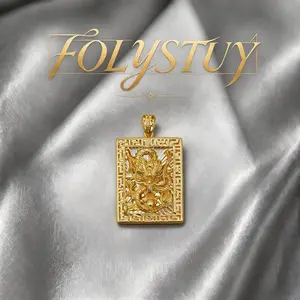 [FOLYSTUY(K148)]Retro Square Hollow Frame Dragon Pendant, Premium Gold Tone Embossed Oriental Pattern Charm, Men’s Statement Necklace Accessory, Street Fashion Jewelry Gift