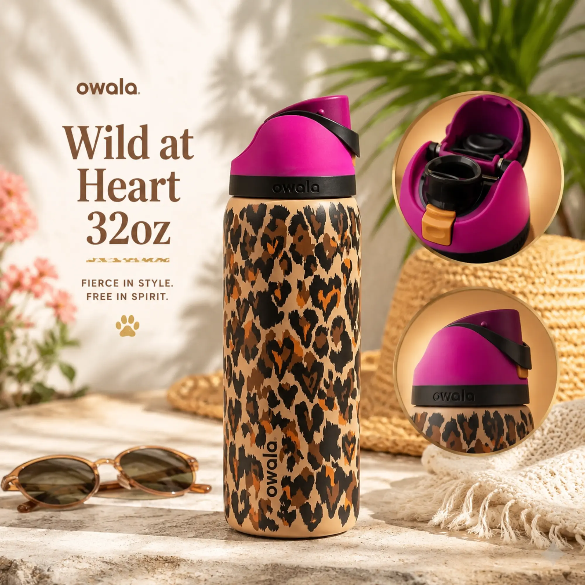 NEW Owala Wild At Heart 32oz Free Sip Limited Edition UO Cheetah Print Vacuum Flask Drinkware, Double Wall Insulated Travel Tumbler for School, Gym & Office