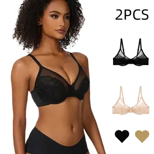 B EssElegance 1/2PCS Minimizer Women's Wear Floral Lace Underwire Unlined Unpadded Comfortable Breathable Mesh Cup Bra in Black & Beige Full Coverage