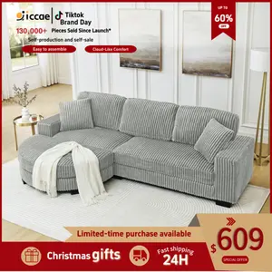 Niccae Modern L-Shaped Corduroy Upholstery Boneless Sectional Couch with Ottoman, 2 Pillows & Convertible Foam Bed Lounger, 3-Pack Sofas for Living Room Home Office (Couch for Living Room)