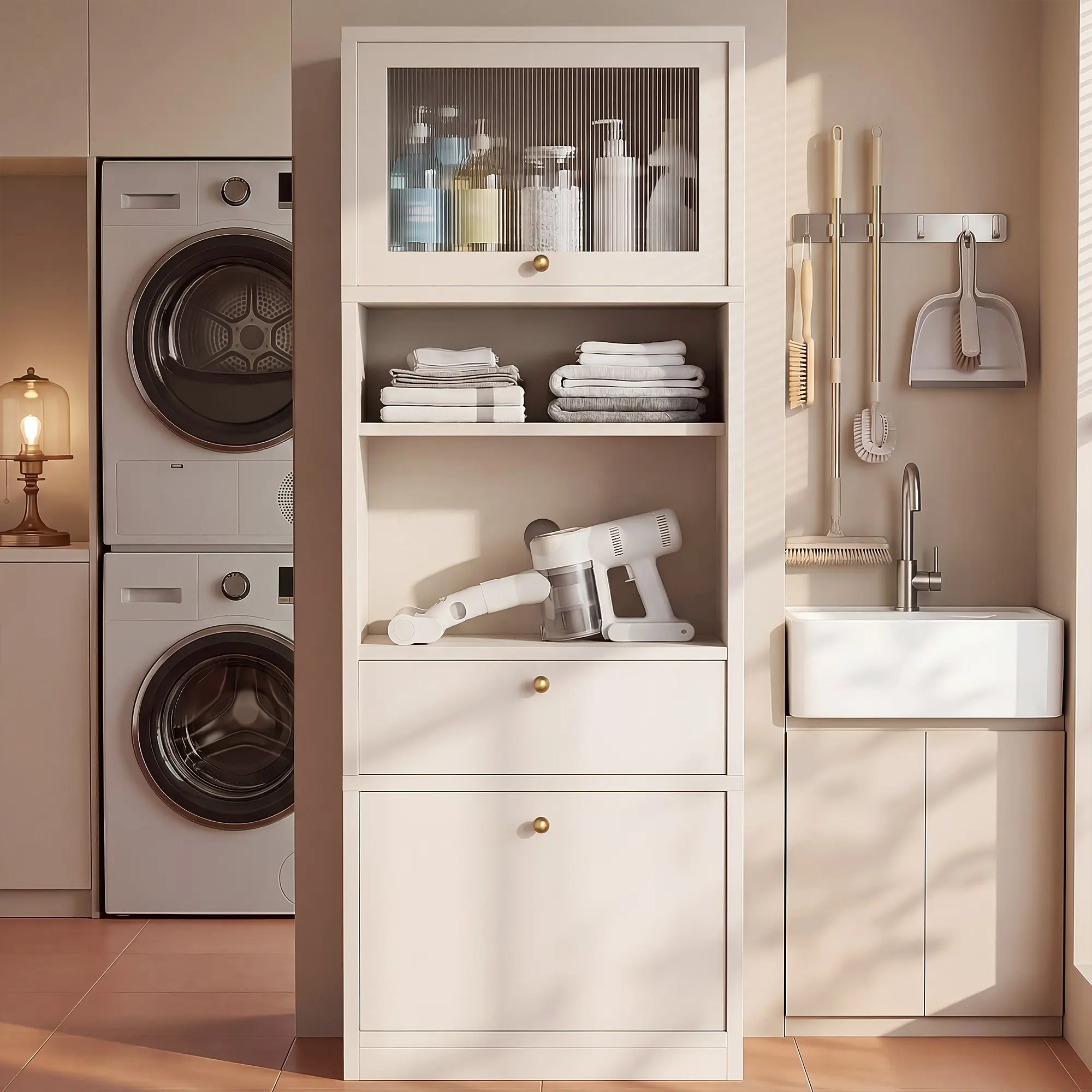 OMCHOM 71in Tall Wooden Storage Cabinet - Kitchen Pantry with Oversized Microwave Shelf, Coffee Station, Extra Deep Hutch, Fluted Acrylic Doors, Adjustable Shelves, Drawers, Anti-Tip Design, Walnut Finish, Easy Assembly