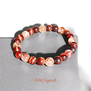 Red Tiger Eye Bracelet with Fire Quartz Natural Stones 8mm Handmade Stretch Beads for Women & Men, Unique Design
