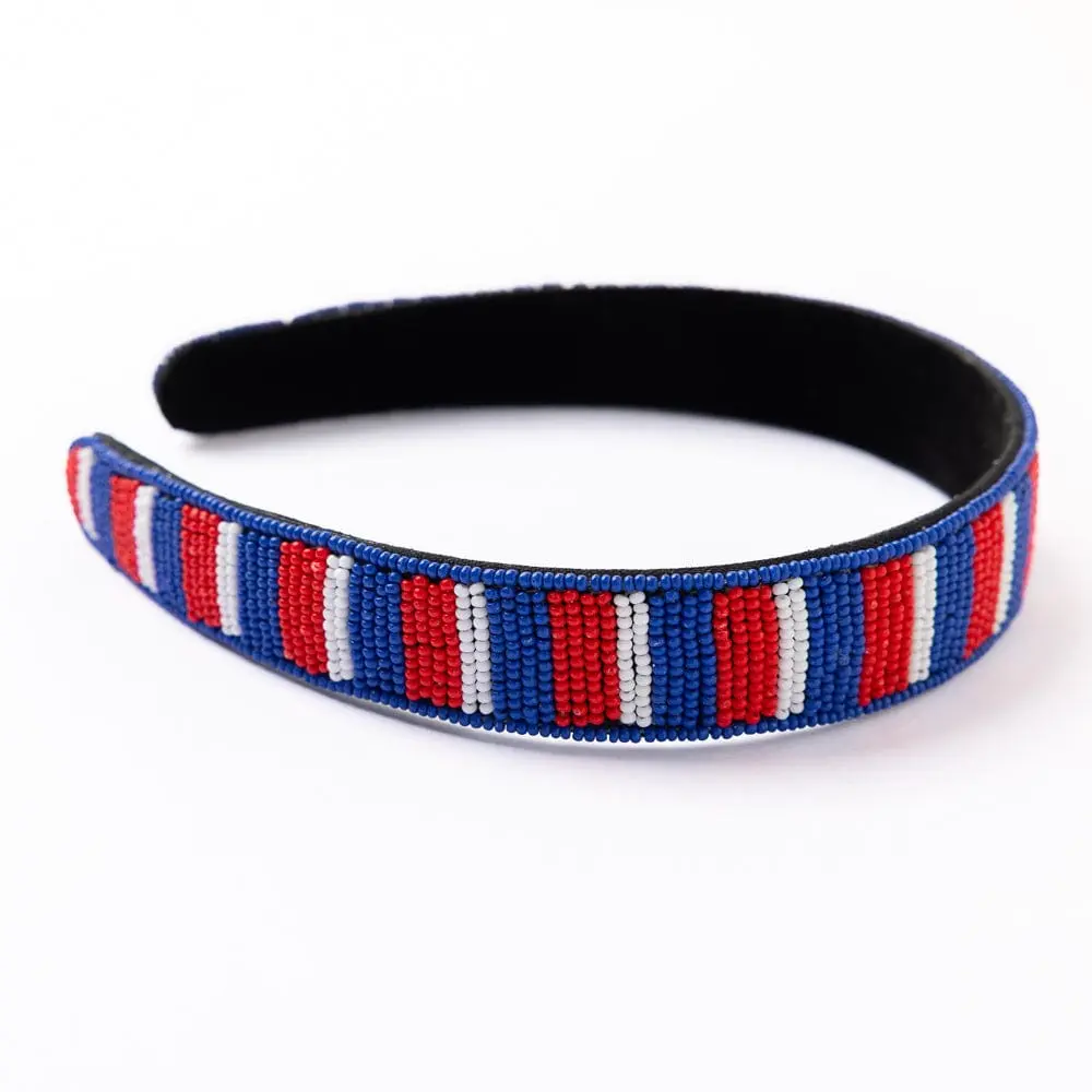 Game Day Striped Beaded Headband Blue + Crimson
